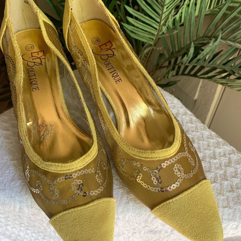 EY Boutique Yellow & Gold Sequins suede heels